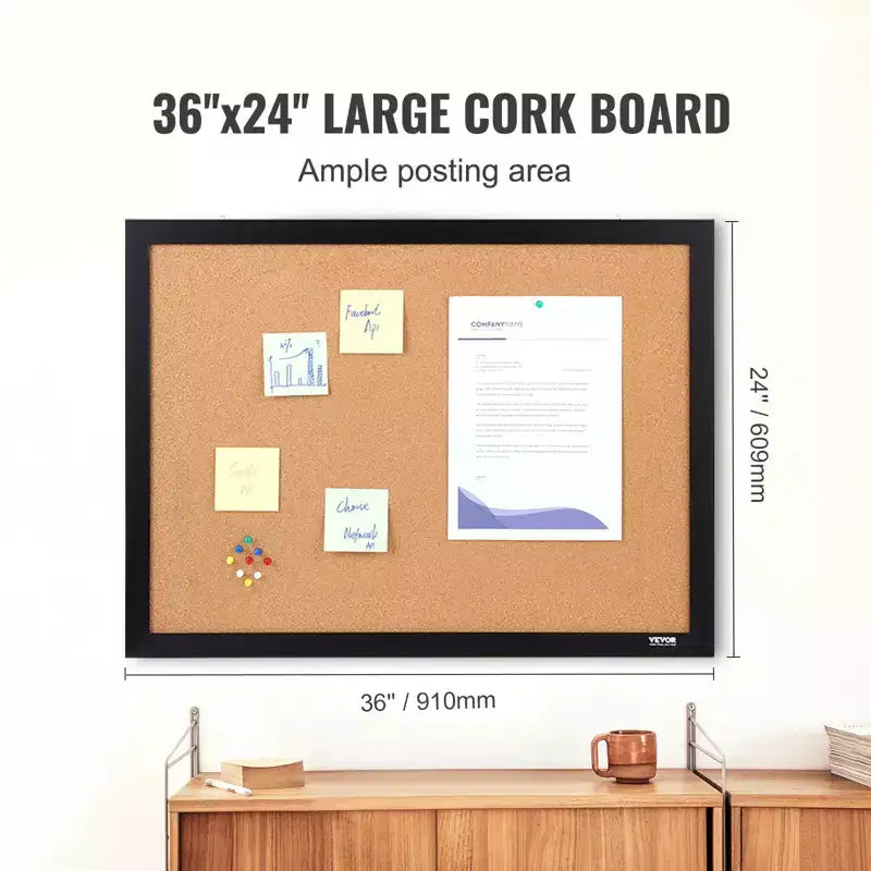 Cork Bulletin Board 36x24 Inch, Framed Pin Board with Push Pins for Home Office School