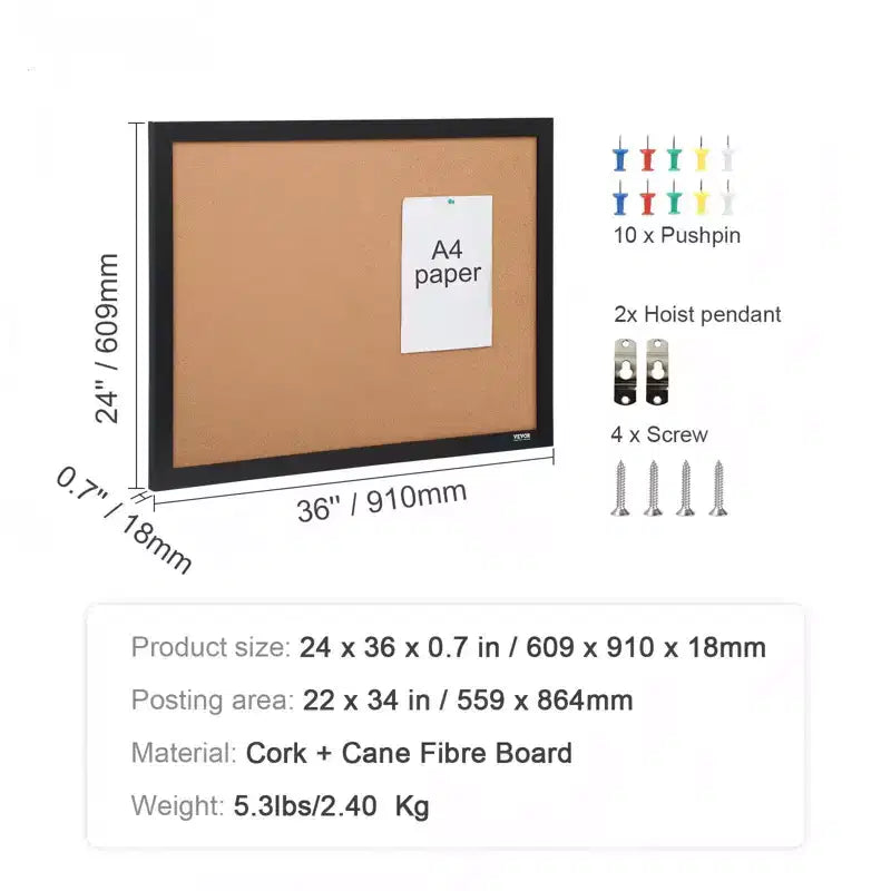 Cork Bulletin Board 36x24 Inch, Framed Pin Board with Push Pins for Home Office School