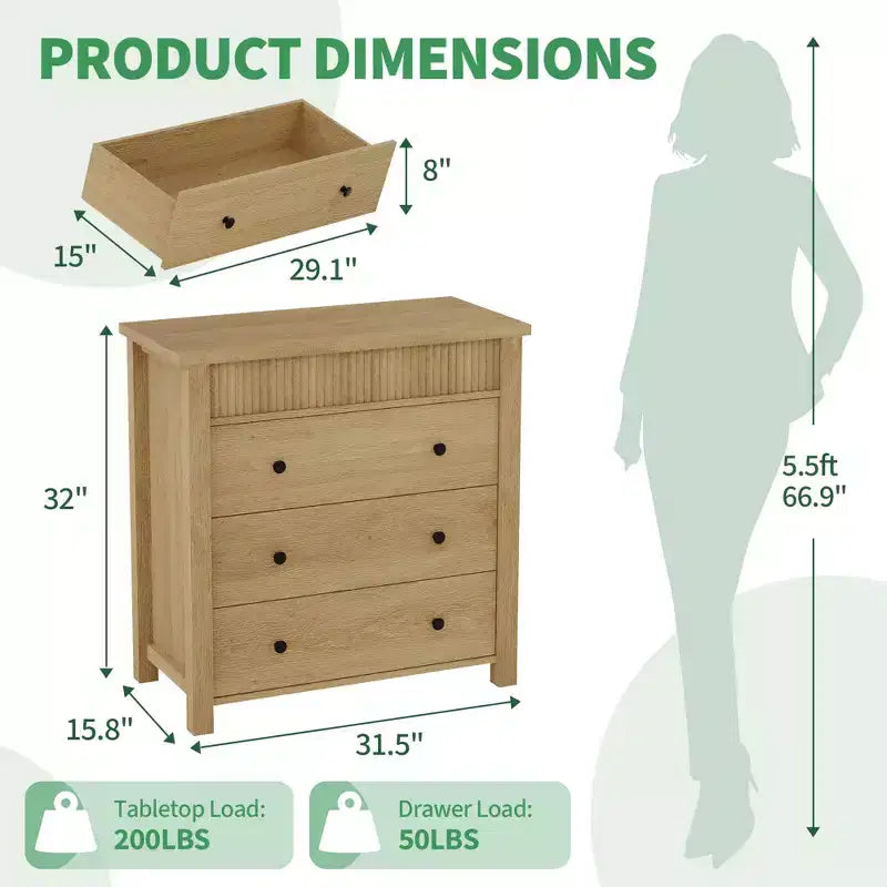 Dresser for Bedroom Nightstand, Wooden Chest of Drawers, Fluted End Table, Storage Organizer for Living Room, Hallway and Entryway