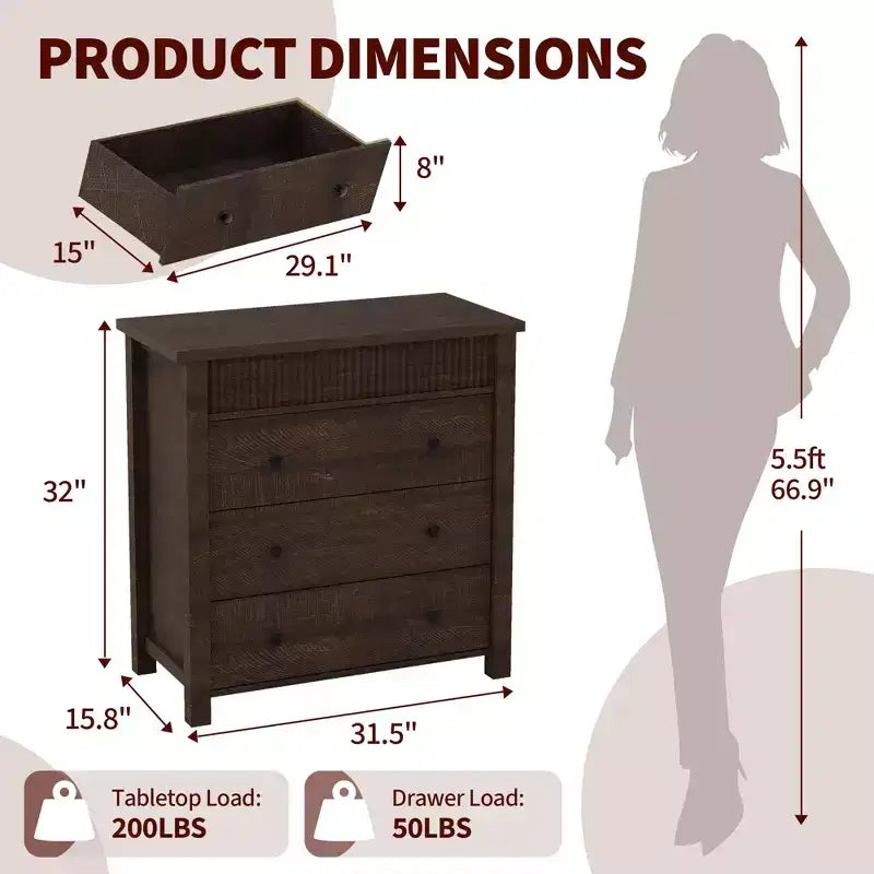 Dresser for Bedroom Nightstand, Wooden Chest of Drawers, Fluted End Table, Storage Organizer for Living Room, Hallway and Entryway