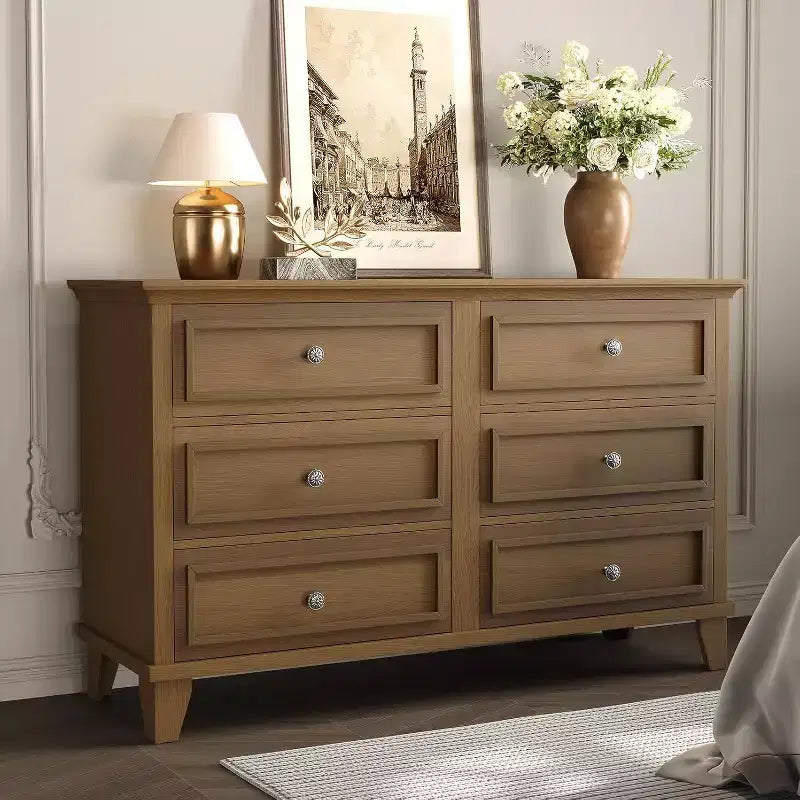 Dresser for Bedroom, 6 Drawer Wide Dresser Storage Organizer, Modern Wooden Chest of Drawers with Metal Handles for Hallway, Entryway, Home Office