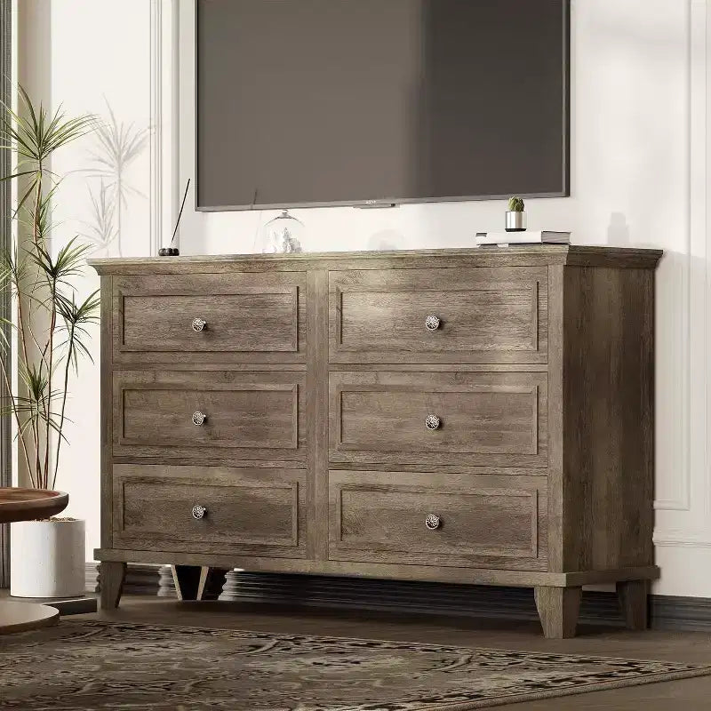 Dresser for Bedroom, 6 Drawer Wide Dresser Storage Organizer, Modern Wooden Chest of Drawers with Metal Handles for Hallway, Entryway, Home Office