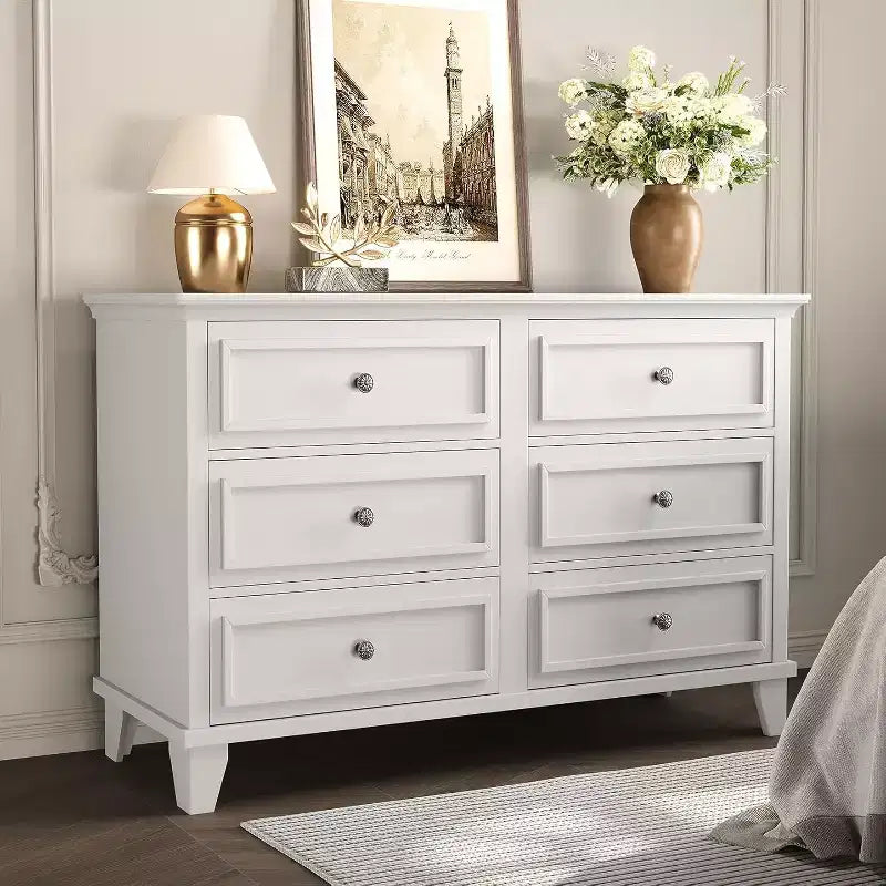 Dresser for Bedroom, 6 Drawer Wide Dresser Storage Organizer, Modern Wooden Chest of Drawers with Metal Handles for Hallway, Entryway, Home Office