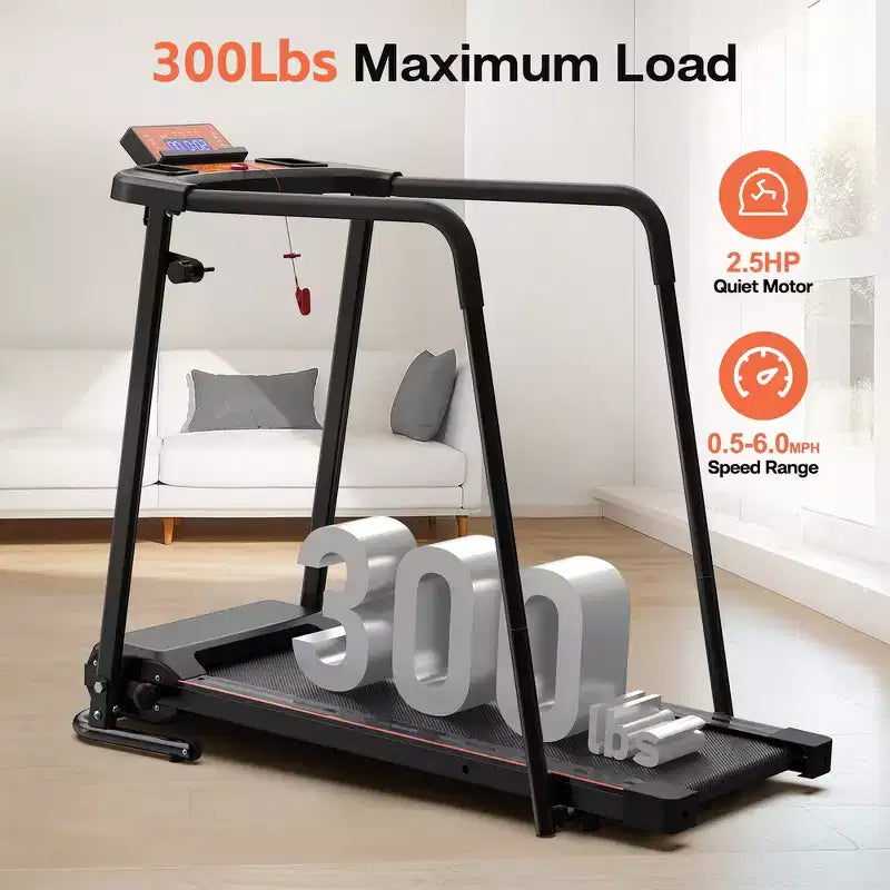 Whisen Walking Foldable Treadmill, Extended Handrails for Recovery Fitness Running Machine - Black & Orange