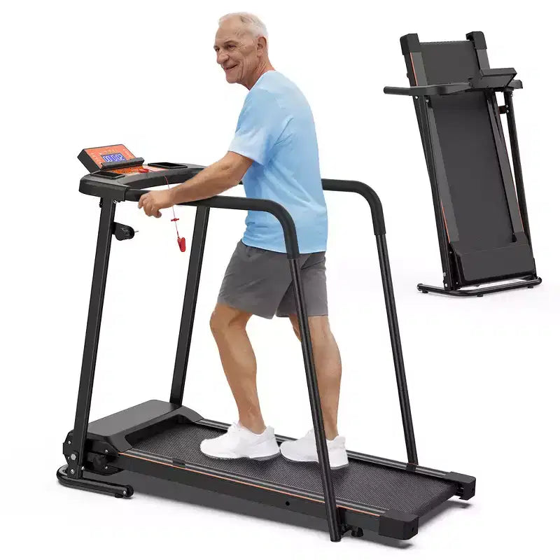 Whisen Walking Foldable Treadmill, Extended Handrails for Recovery Fitness Running Machine - Black & Orange