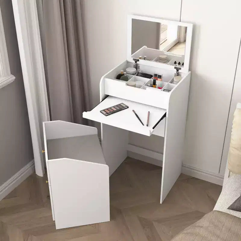 Makeup Vanity Desk with Mirror, Small Makeup Vanity Set with Storage Compartment, 2 Drawers & Hidden Stool, Modern Space-Saving Dressing Table