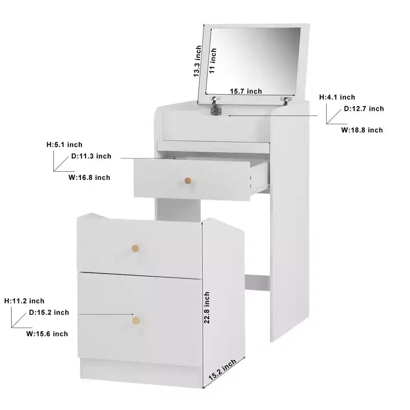Makeup Vanity Desk with Mirror, Small Makeup Vanity Set with Storage Compartment, 2 Drawers & Hidden Stool, Modern Space-Saving Dressing Table