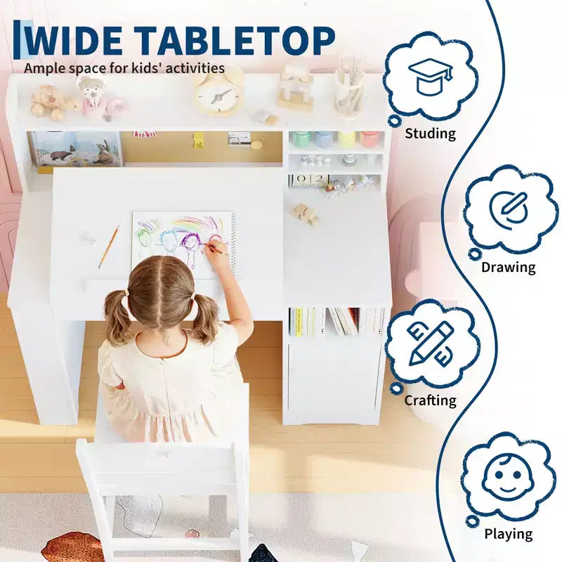Kids Study Desk and Chair Set,Kids Desk with Hutch and Tiltable Desktop,Wooden Children Study Table with Storage Cabinet,Student Writing Desks