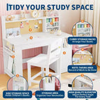 Kids Study Desk and Chair Set,Kids Desk with Hutch and Tiltable Desktop,Wooden Children Study Table with Storage Cabinet,Student Writing Desks
