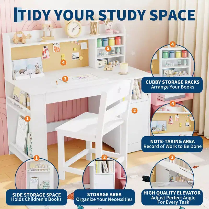 Kids Study Desk and Chair Set,Kids Desk with Hutch and Tiltable Desktop,Wooden Children Study Table with Storage Cabinet,Student Writing Desks