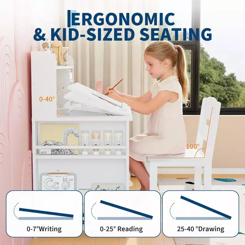 Kids Study Desk and Chair Set,Kids Desk with Hutch and Tiltable Desktop,Wooden Children Study Table with Storage Cabinet,Student Writing Desks