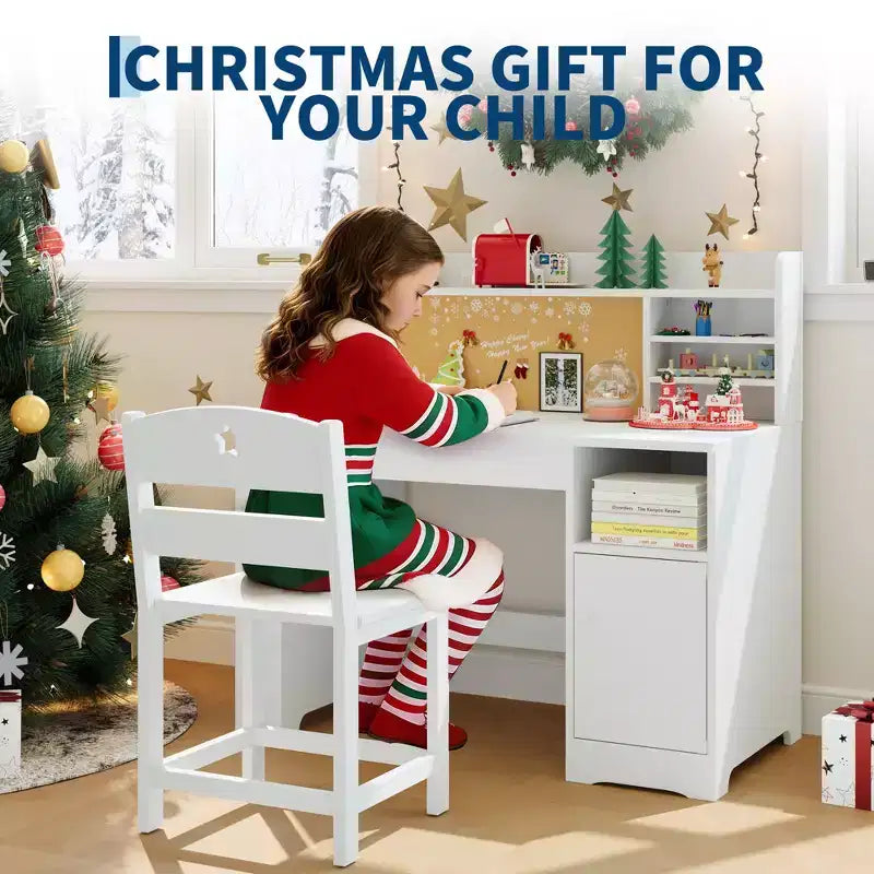 Kids Study Desk and Chair Set,Kids Desk with Hutch and Tiltable Desktop,Wooden Children Study Table with Storage Cabinet,Student Writing Desks