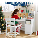 Kids Study Desk and Chair Set,Kids Desk with Hutch and Tiltable Desktop,Wooden Children Study Table with Storage Cabinet,Student Writing Desks