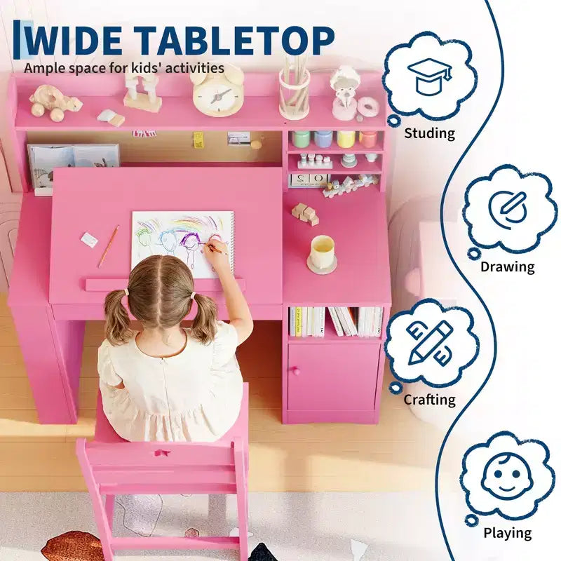 Kids Study Desk and Chair Set,Kids Desk with Hutch and Tiltable Desktop,Wooden Children Study Table with Storage Cabinet,Student Writing Desks