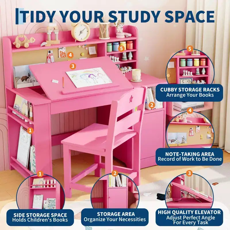 Kids Study Desk and Chair Set,Kids Desk with Hutch and Tiltable Desktop,Wooden Children Study Table with Storage Cabinet,Student Writing Desks