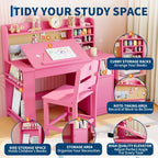 Kids Study Desk and Chair Set,Kids Desk with Hutch and Tiltable Desktop,Wooden Children Study Table with Storage Cabinet,Student Writing Desks
