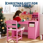 Kids Study Desk and Chair Set,Kids Desk with Hutch and Tiltable Desktop,Wooden Children Study Table with Storage Cabinet,Student Writing Desks