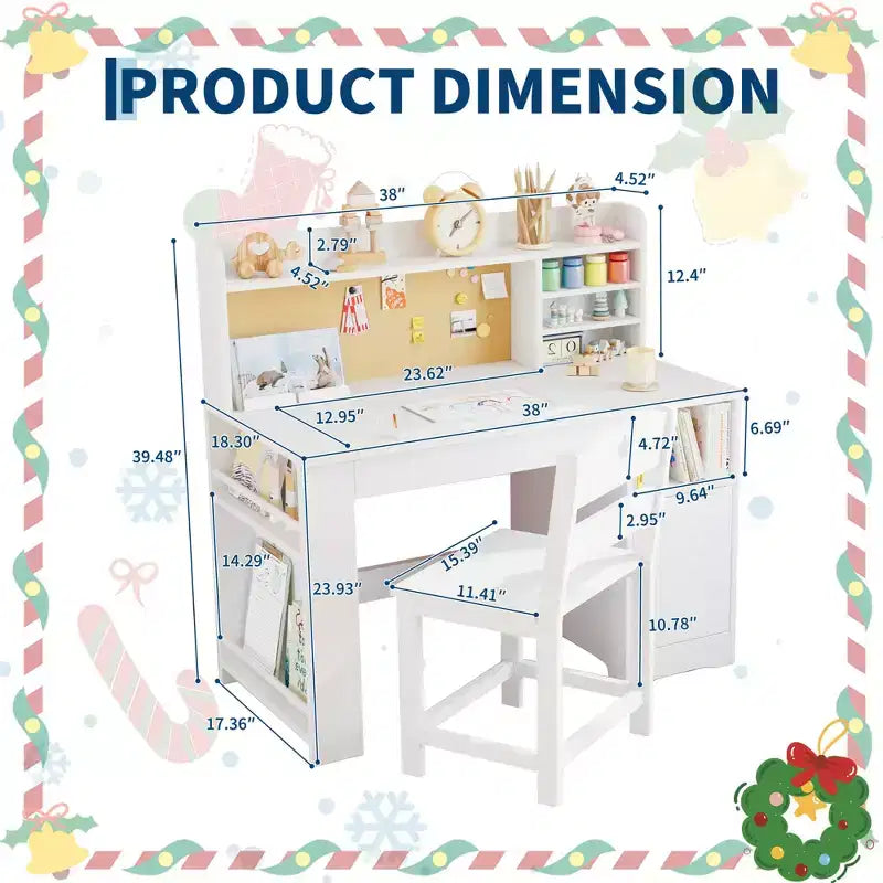 Kids Study Desk and Chair Set,Kids Desk with Hutch and Tiltable Desktop,Wooden Children Study Table with Storage Cabinet,Student Writing Desks