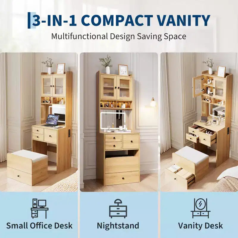 Compact Vanity, Make Up Vanity Desk with Mirror and Lights, White Vanity Table Set with Charger Station,Girls Small Vanity and Storage Chair