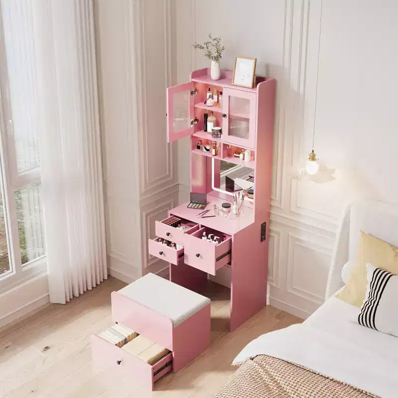 Compact Vanity, Make Up Vanity Desk with Mirror and Lights, White Vanity Table Set with Charger Station,Girls Small Vanity and Storage Chair