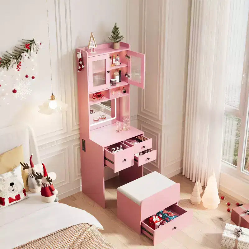 Compact Vanity, Make Up Vanity Desk with Mirror and Lights, White Vanity Table Set with Charger Station,Girls Small Vanity and Storage Chair