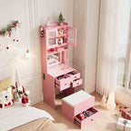 Compact Vanity, Make Up Vanity Desk with Mirror and Lights, White Vanity Table Set with Charger Station,Girls Small Vanity and Storage Chair