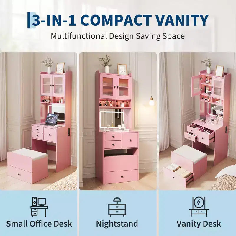 Compact Vanity, Make Up Vanity Desk with Mirror and Lights, White Vanity Table Set with Charger Station,Girls Small Vanity and Storage Chair