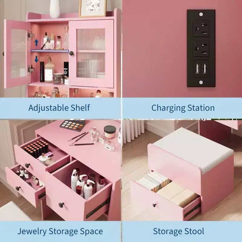 Compact Vanity, Make Up Vanity Desk with Mirror and Lights, White Vanity Table Set with Charger Station,Girls Small Vanity and Storage Chair