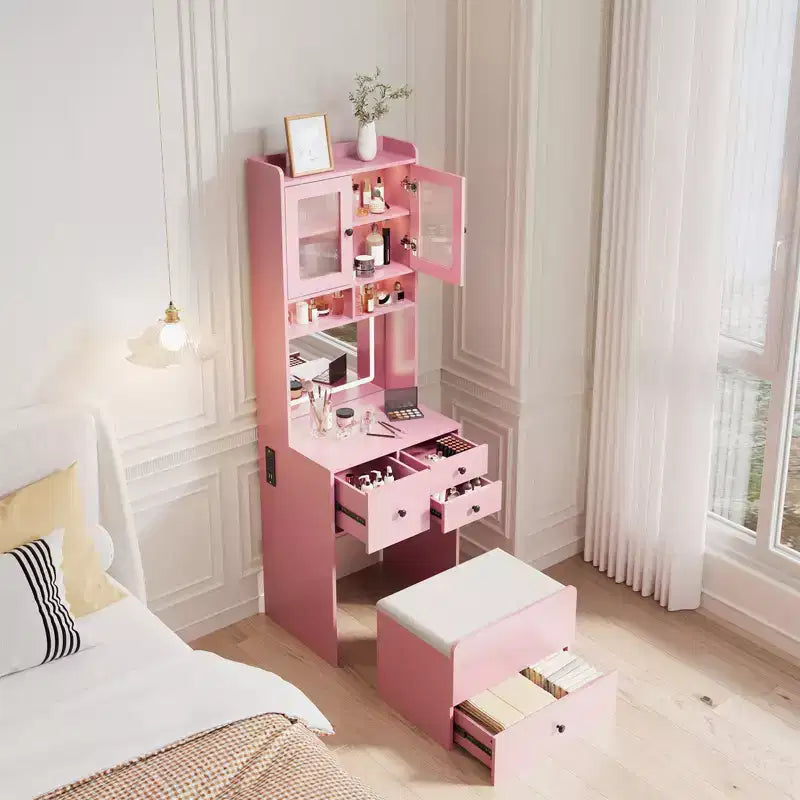 Compact Vanity, Make Up Vanity Desk with Mirror and Lights, White Vanity Table Set with Charger Station,Girls Small Vanity and Storage Chair