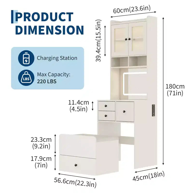 Compact Vanity, Make Up Vanity Desk with Mirror and Lights, White Vanity Table Set with Charger Station,Girls Small Vanity and Storage Chair