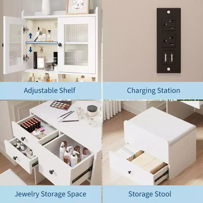Compact Vanity, Make Up Vanity Desk with Mirror and Lights, White Vanity Table Set with Charger Station,Girls Small Vanity and Storage Chair