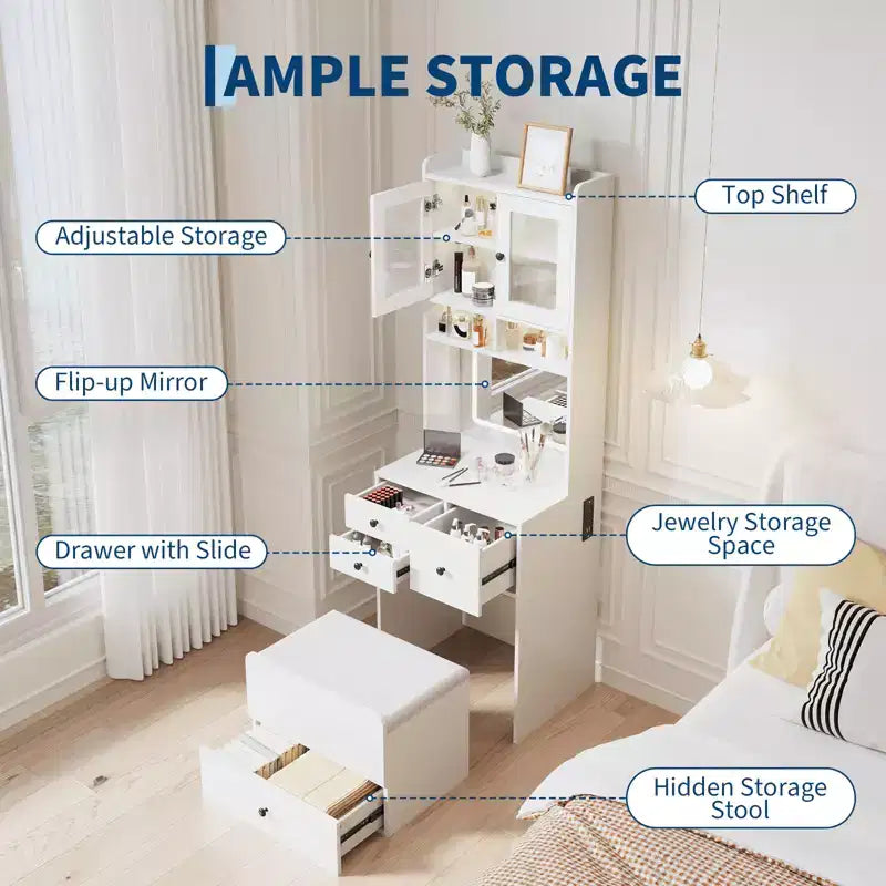 Compact Vanity, Make Up Vanity Desk with Mirror and Lights, White Vanity Table Set with Charger Station,Girls Small Vanity and Storage Chair
