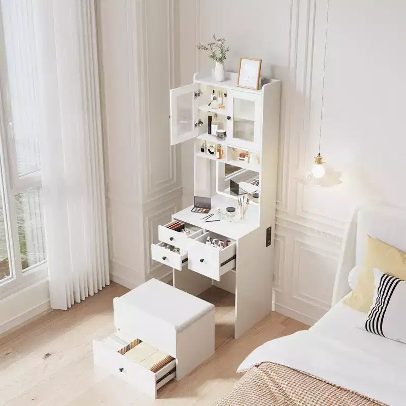 Compact Vanity, Make Up Vanity Desk with Mirror and Lights, White Vanity Table Set with Charger Station,Girls Small Vanity and Storage Chair