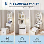 Compact Vanity, Make Up Vanity Desk with Mirror and Lights, White Vanity Table Set with Charger Station,Girls Small Vanity and Storage Chair