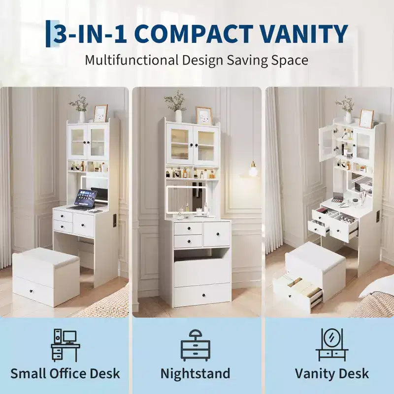 Compact Vanity, Make Up Vanity Desk with Mirror and Lights, White Vanity Table Set with Charger Station,Girls Small Vanity and Storage Chair