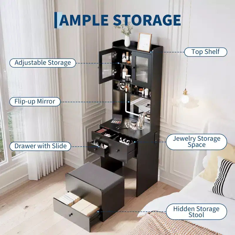 Compact Vanity, Make Up Vanity Desk with Mirror and Lights, White Vanity Table Set with Charger Station,Girls Small Vanity and Storage Chair