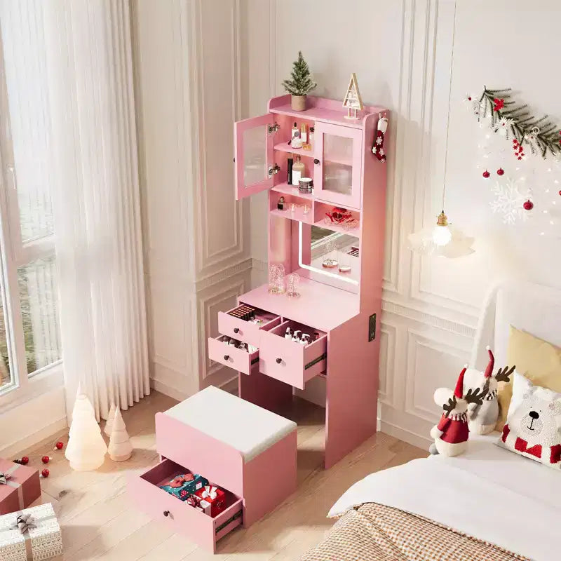 Compact Vanity, Make Up Vanity Desk with Mirror and Lights, White Vanity Table Set with Charger Station,Girls Small Vanity and Storage Chair