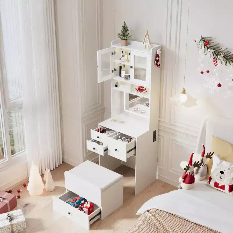 Compact Vanity, Make Up Vanity Desk with Mirror and Lights, White Vanity Table Set with Charger Station,Girls Small Vanity and Storage Chair