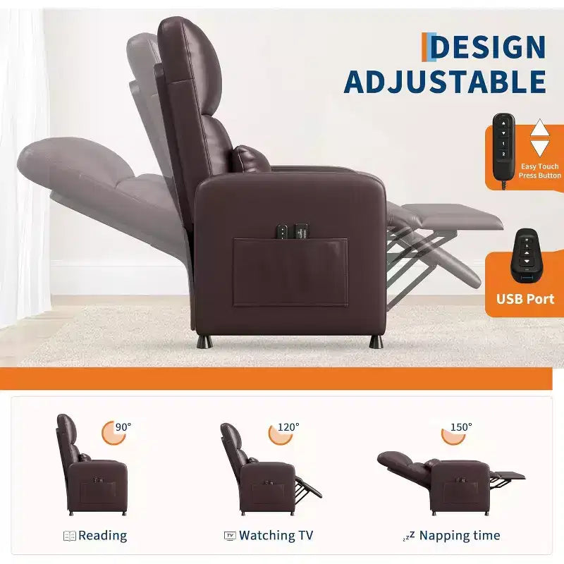 Acekool Power Recliner Chair, Adjustable Electric PU Leather Recliner with USB Port, Side Pockets, Ergonomic Single Sofa for Living Room, Home Theater