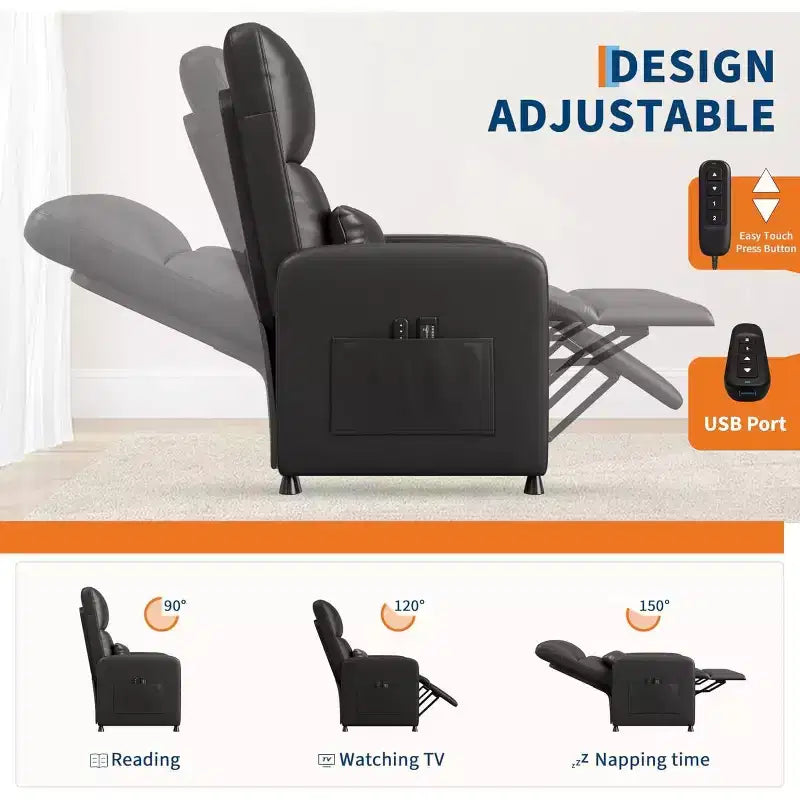 Acekool Power Recliner Chair, Adjustable Electric PU Leather Recliner with USB Port, Side Pockets, Ergonomic Single Sofa for Living Room, Home Theater