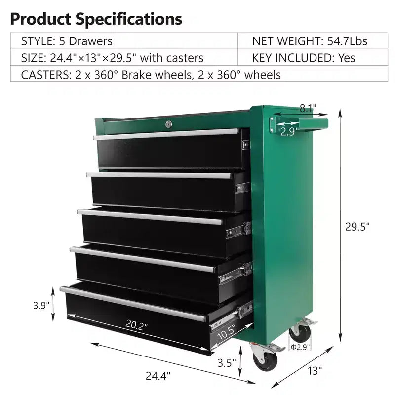 5 Drawer Rolling Tool Chest with Wheels, Steel Portable Tool Storage Cabinet for Garage Workshop Warehouse