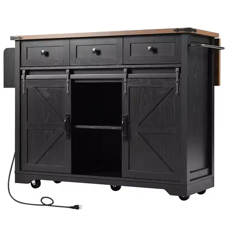 sumyeg 53.7 Rolling Kitchen Cart with Barn Doors, Drop Leaf, Power Outlet and Spice Rack (No Stools)