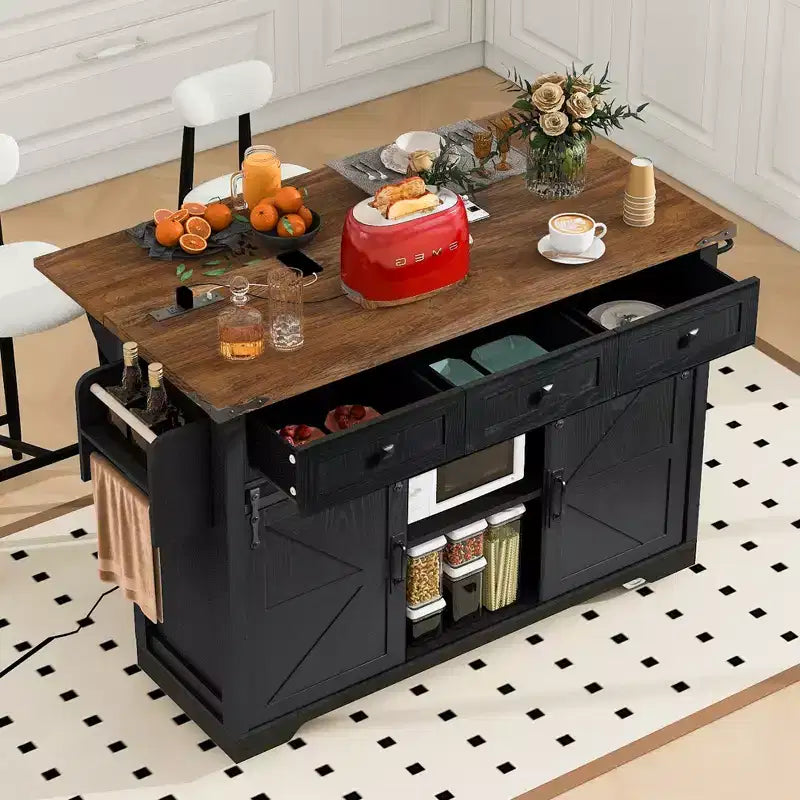 sumyeg 53.7 Rolling Kitchen Cart with Barn Doors, Drop Leaf, Power Outlet and Spice Rack (No Stools)