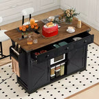 sumyeg 53.7 Rolling Kitchen Cart with Barn Doors, Drop Leaf, Power Outlet and Spice Rack (No Stools)