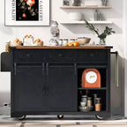 sumyeg 53.7 Rolling Kitchen Cart with Barn Doors, Drop Leaf, Power Outlet and Spice Rack (No Stools)