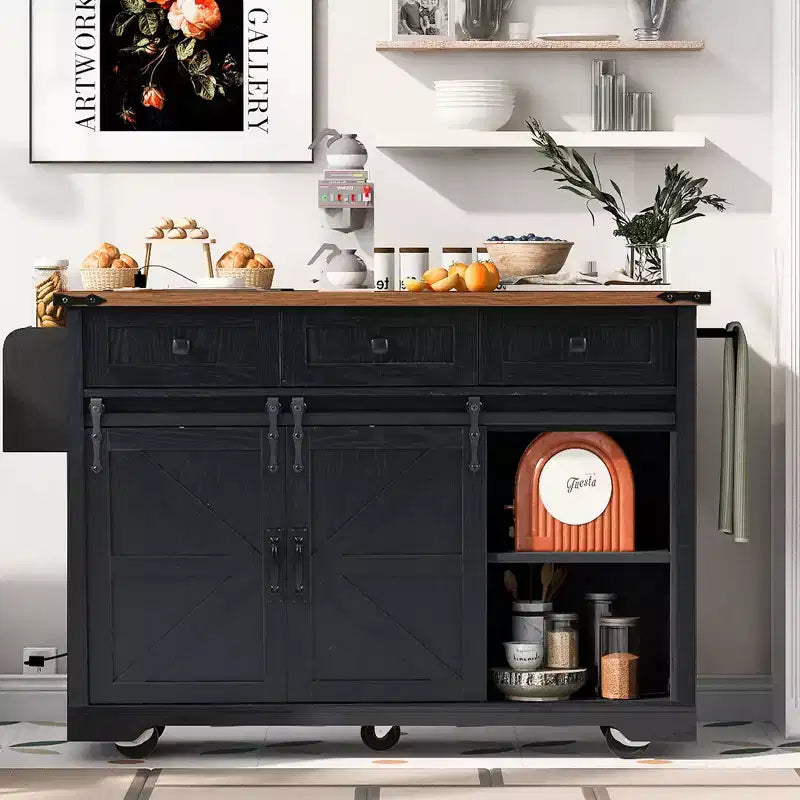 sumyeg 53.7 Rolling Kitchen Cart with Barn Doors, Drop Leaf, Power Outlet and Spice Rack (No Stools)