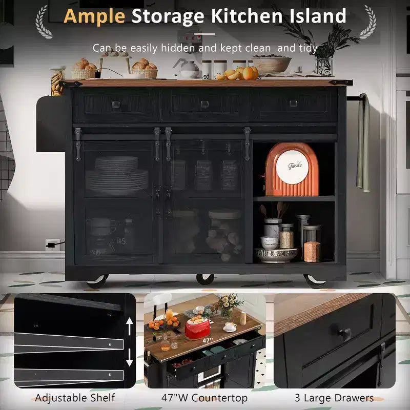 sumyeg 53.7 Rolling Kitchen Cart with Barn Doors, Drop Leaf, Power Outlet and Spice Rack (No Stools)