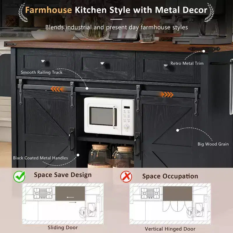 sumyeg 53.7 Rolling Kitchen Cart with Barn Doors, Drop Leaf, Power Outlet and Spice Rack (No Stools)