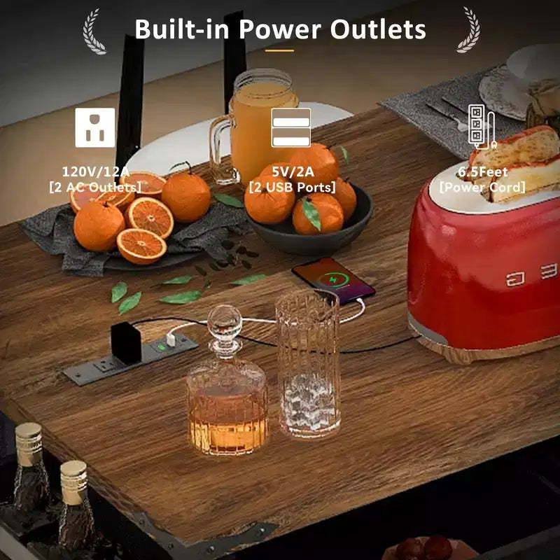 sumyeg 53.7 Rolling Kitchen Cart with Barn Doors, Drop Leaf, Power Outlet and Spice Rack (No Stools)
