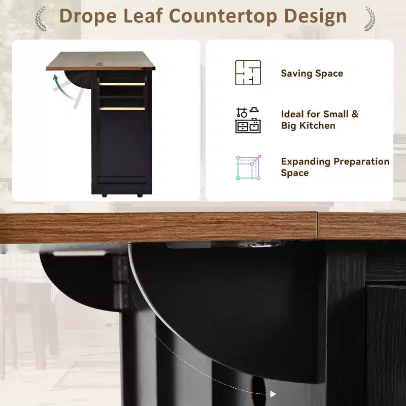 sumyeg 53.7 Rolling Kitchen Cart with Barn Doors, Drop Leaf, Power Outlet and Spice Rack (No Stools)